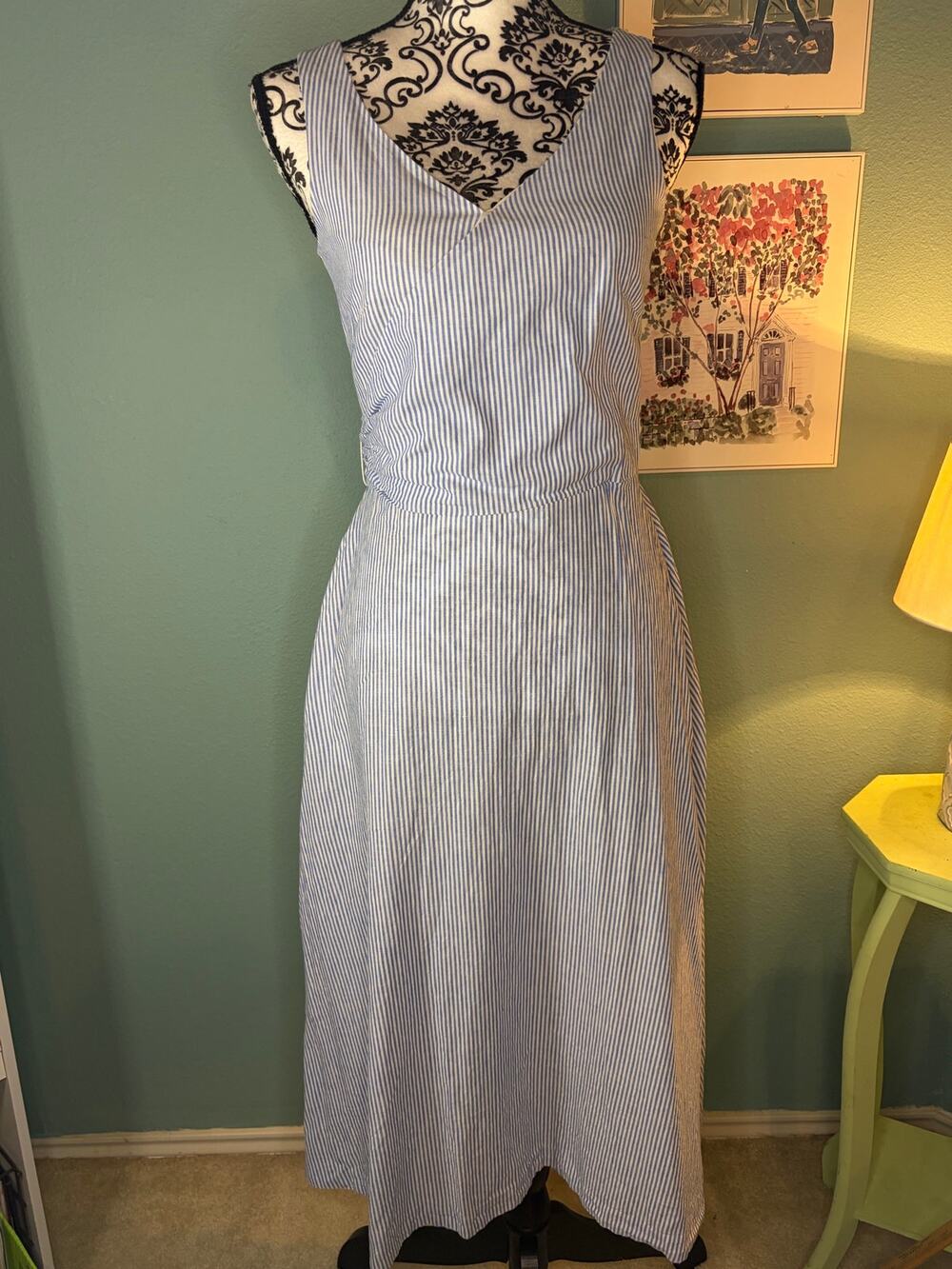 Boden US 4 Blue White Striped Linen Cotton Midi Dress Tie Waist Pockets